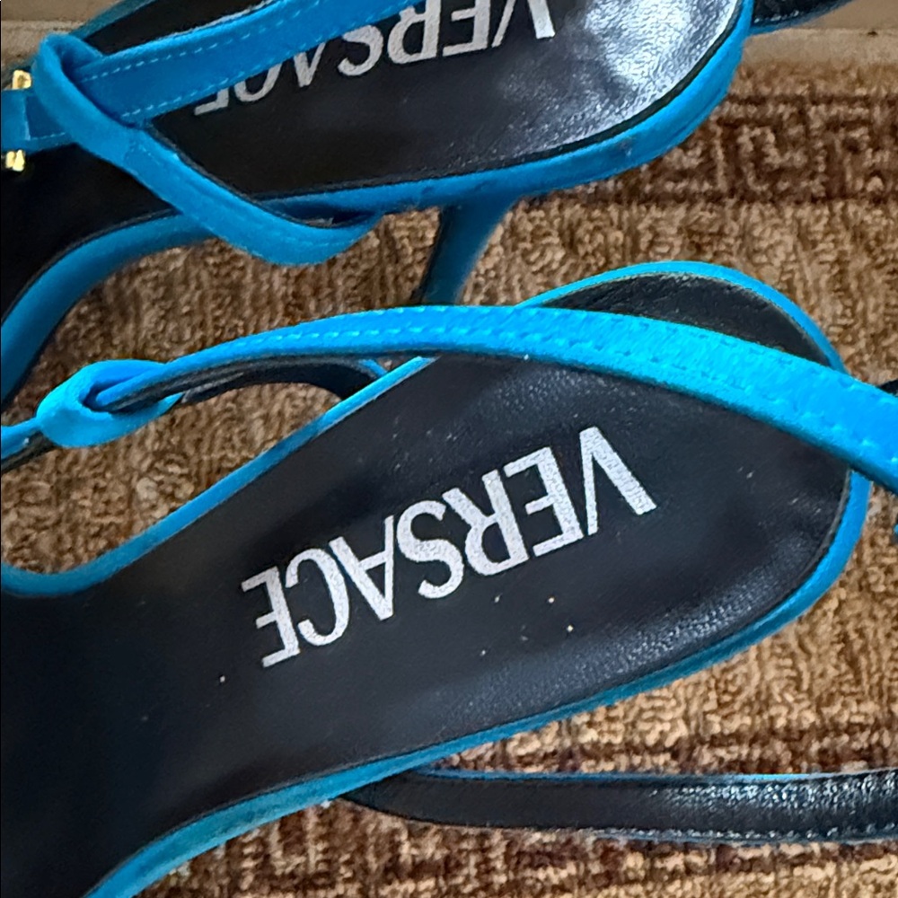 Versace Bright Turquoise Satin Slingback Heels with Gold Medusa - Picture 11 of 16